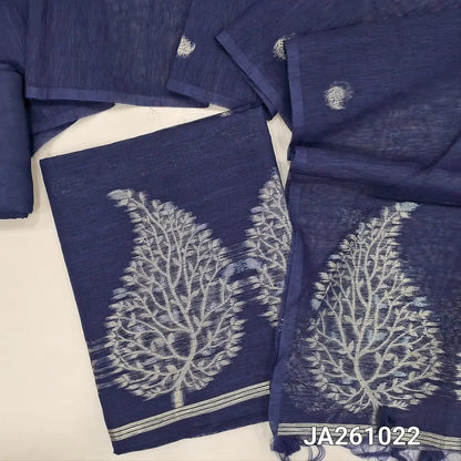 Designer dark Blue jamdani woven premium tussar silk unstitched salwar material, (textured, lining needed) gold and silver zari weaving on daman, matching santoon bottom, full length jamdani woven tussar silk dupatta with tassels. JA261022