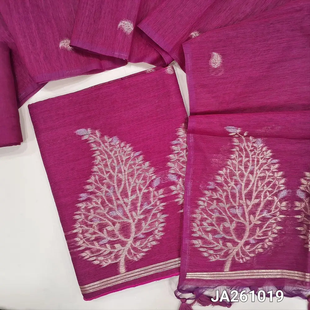 Designer bright Pink jamdani woven premium tussar silk unstitched salwar material, (textured, lining needed) gold and silver zari weaving on daman, matching santoon bottom, full length jamdani woven tussar silk dupatta with tassels. JA261019