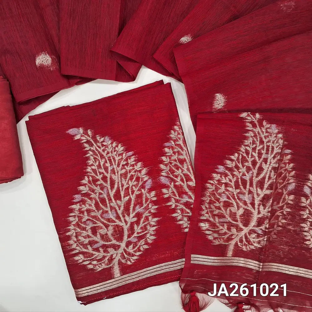 Designer Red jamdani woven premium tussar silk unstitched salwar material, (textured, lining needed) gold and silver zari weaving on daman, matching santoon bottom, full length jamdani woven tussar silk dupatta with tassels. JA261021
