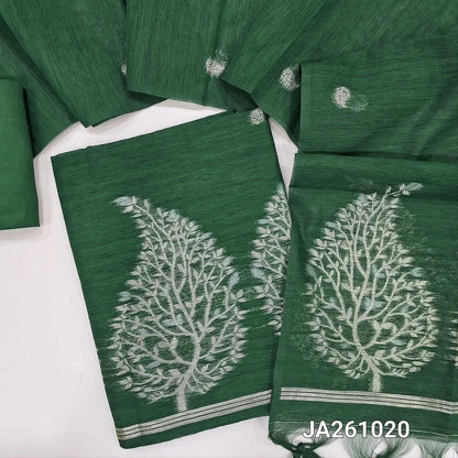 Designer bottle Green jamdani woven premium tussar silk unstitched salwar material, (textured, lining needed) gold and silver zari weaving on daman, matching santoon bottom, full length jamdani woven tussar silk dupatta with tassels. JA261020