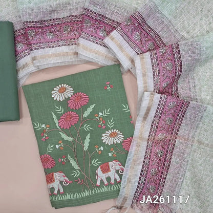Sage Green pure slub cotton unstitched salwar material (lining needed) rich colorful embroidery work on daman, matching cotton bottom, block printed kota silk cotton dupatta. JA261117