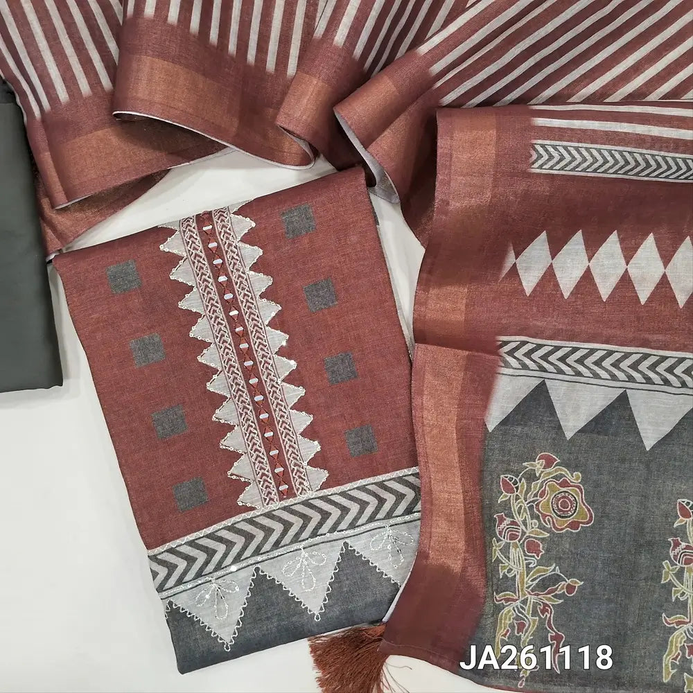 Premium Maroon & brown tissue silk cotton unstitched salwar material (lining needed) real mirror, sequins work on yoke, floral printed daman, dark olive green spun cotton bottom, printed tissue silk cotton dupatta. JA261118