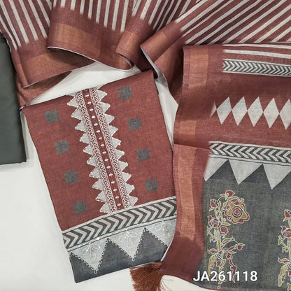 Premium Maroon & brown tissue silk cotton unstitched salwar material (lining needed) real mirror, sequins work on yoke, floral printed daman, dark olive green spun cotton bottom, printed tissue silk cotton dupatta. JA261118