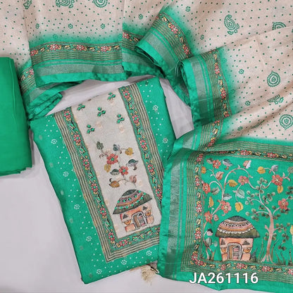 Digital printed turquoise Green silk cotton unstitched salwar material (lining needed) zardozi work on yoke, matching spun cotton bottom, digital printed silk cotton dupatta. JA261116