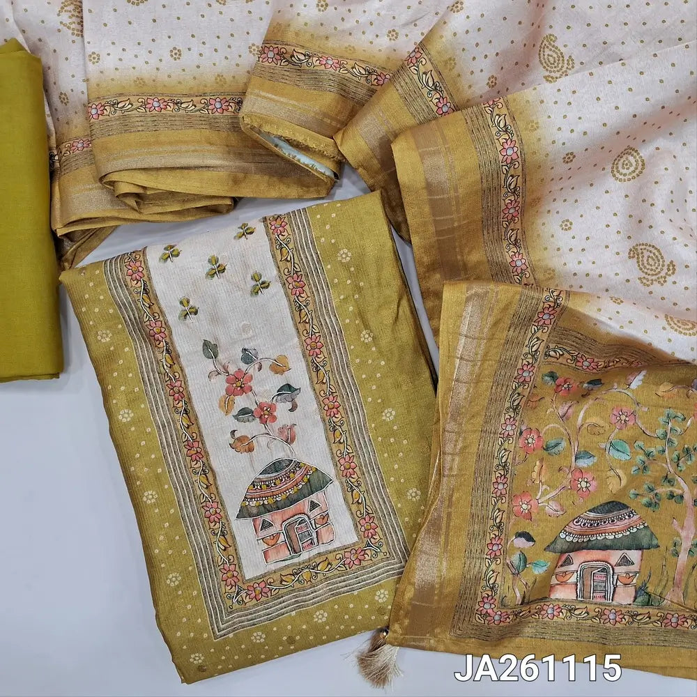 Digital printed mehandhi  Green silk cotton unstitched salwar material (lining needed) zardozi work on yoke, matching spun cotton bottom, digital printed silk cotton dupatta. JA261115