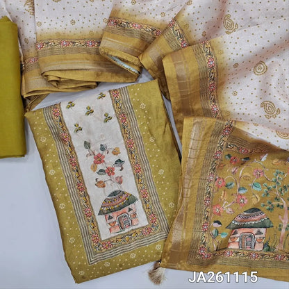 Digital printed mehandhi  Green silk cotton unstitched salwar material (lining needed) zardozi work on yoke, matching spun cotton bottom, digital printed silk cotton dupatta. JA261115