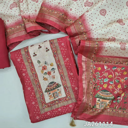 Digital printed peachish Pink silk cotton unstitched salwar material (lining needed) zardozi work on yoke, matching spun cotton bottom, digital printed silk cotton dupatta. JA261114