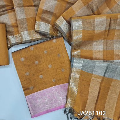 Mehandhi Yellow soft silk cotton unstitched salwar material (lining needed) zari buttas allover, double side border, matching silk cotton bottom, tissue checked silk cotton dupatta with tassels JA261102