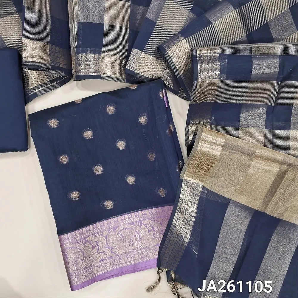 Dark Blue soft silk cotton unstitched salwar material (lining needed) zari buttas allover, double side border, matching silk cotton bottom, tissue checked silk cotton dupatta with tassels. JA261105