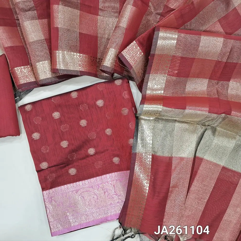 Dark Reddish Maroon soft silk cotton unstitched salwar material (lining needed) zari buttas allover, double side border, matching silk cotton bottom, tissue checked silk cotton dupatta with tassels JA261104