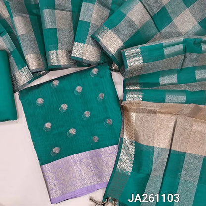 Teal Blue soft silk cotton unstitched salwar material (lining needed) zari buttas allover, double side border, matching silk cotton bottom, tissue checked silk cotton dupatta with tassels JA261103