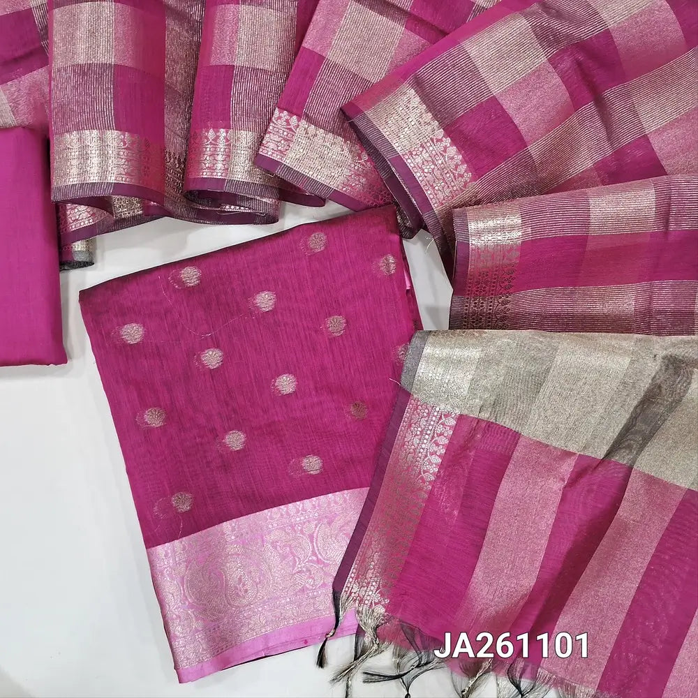 Rani Pink soft silk cotton unstitched salwar material (lining needed)zari buttas allover, double side border, matching silk cotton bottom, tissue checked silk cotton dupatta with tassels JA261101