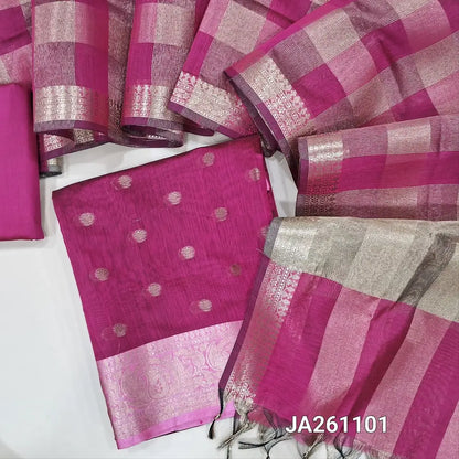 Rani Pink soft silk cotton unstitched salwar material (lining needed)zari buttas allover, double side border, matching silk cotton bottom, tissue checked silk cotton dupatta with tassels JA261101