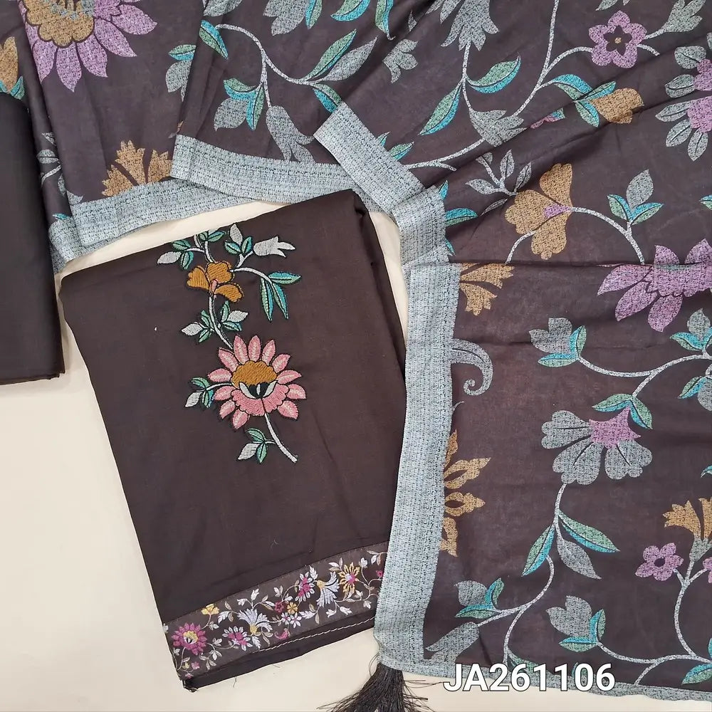 Dark coffee Brown liquid fabric unstitched salwar material, embroidered on front(lining needed)matching liquid fabric bottom, digital printed soft mixed cotton dupatta. JA261106