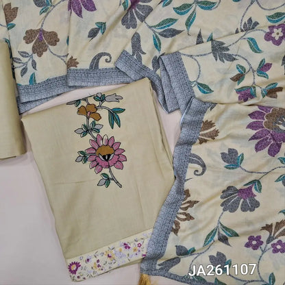 Light Beige liquid fabric unstitched salwar material, embroidered on front(lining needed)matching liquid fabric bottom, digital printed soft mixed cotton dupatta. JA261107