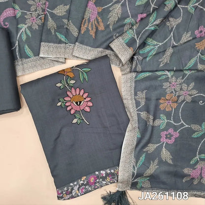 Dark Grey liquid fabric unstitched salwar material, embroidered on front(lining needed)matching liquid fabric bottom, digital printed soft mixed cotton dupatta. JA261108