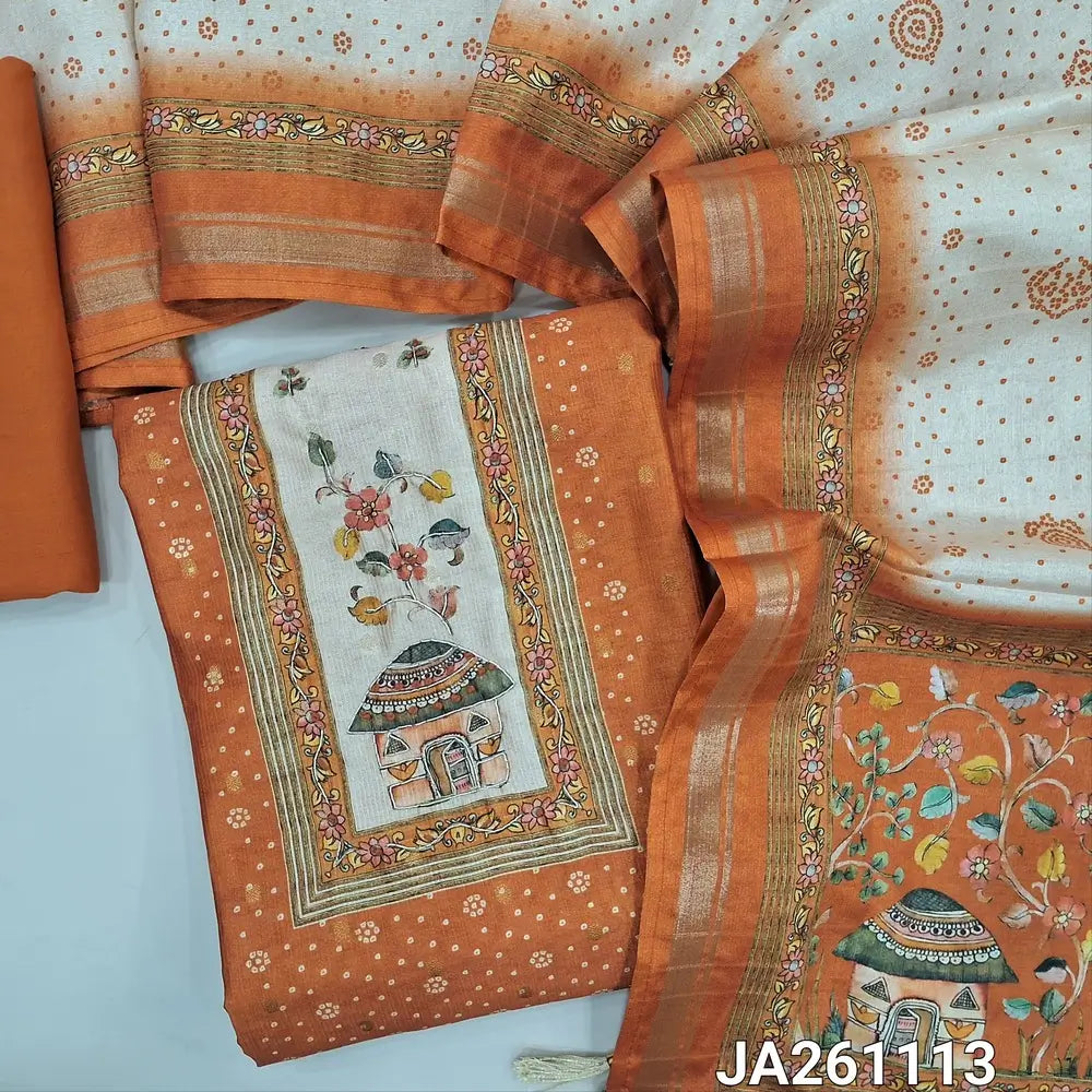 Digital printed rust Orange silk cotton unstitched salwar material (lining needed) zardozi work on yoke, matching spun cotton bottom, digital printed silk cotton dupatta. JA261113