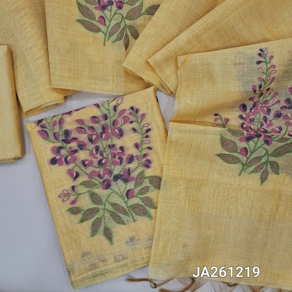 Designer pastel Yellow jamdani woven premium silk cotton unstitched salwar material (lining needed) colorful jamdani woven on daman, matching silky bottom,  jamdani woven premium silk cotton full length dupatta with tassels. JA261219