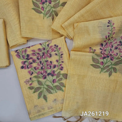 Designer pastel Yellow jamdani woven premium silk cotton unstitched salwar material (lining needed) colorful jamdani woven on daman, matching silky bottom,  jamdani woven premium silk cotton full length dupatta with tassels. JA261219