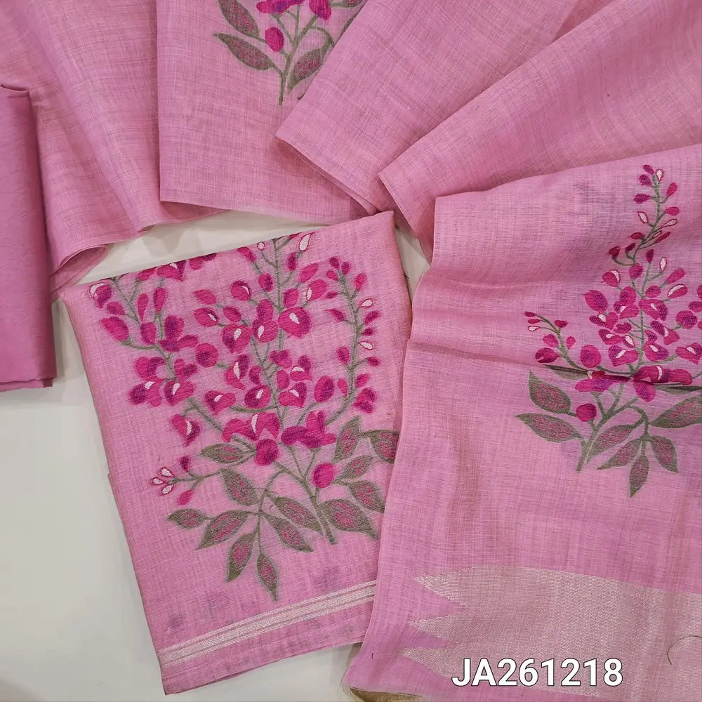Designer pastel Pink jamdani woven premium silk cotton unstitched salwar material (lining needed) colorful jamdani woven on daman, matching silky bottom,  jamdani woven premium silk cotton full length dupatta with tassels. JA261218
