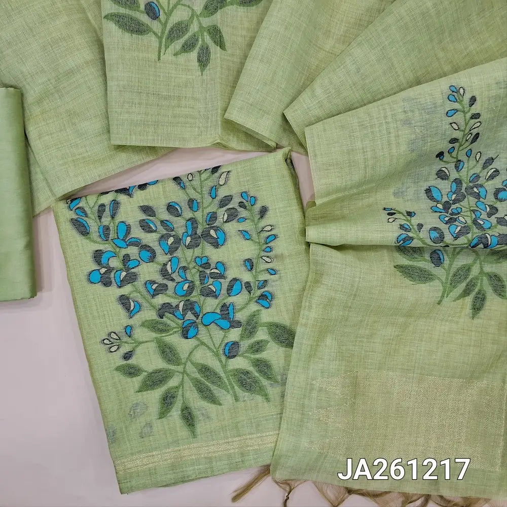 Designer pastel Green jamdani woven premium silk cotton unstitched salwar material (lining needed) colorful jamdani woven on daman, matching silky bottom,  jamdani woven premium silk cotton full length dupatta with tassels. JA261217
