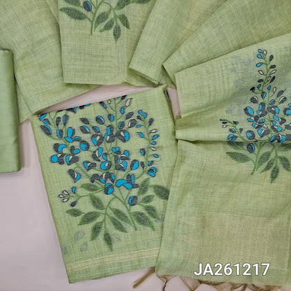 Designer pastel Green jamdani woven premium silk cotton unstitched salwar material (lining needed) colorful jamdani woven on daman, matching silky bottom,  jamdani woven premium silk cotton full length dupatta with tassels. JA261217