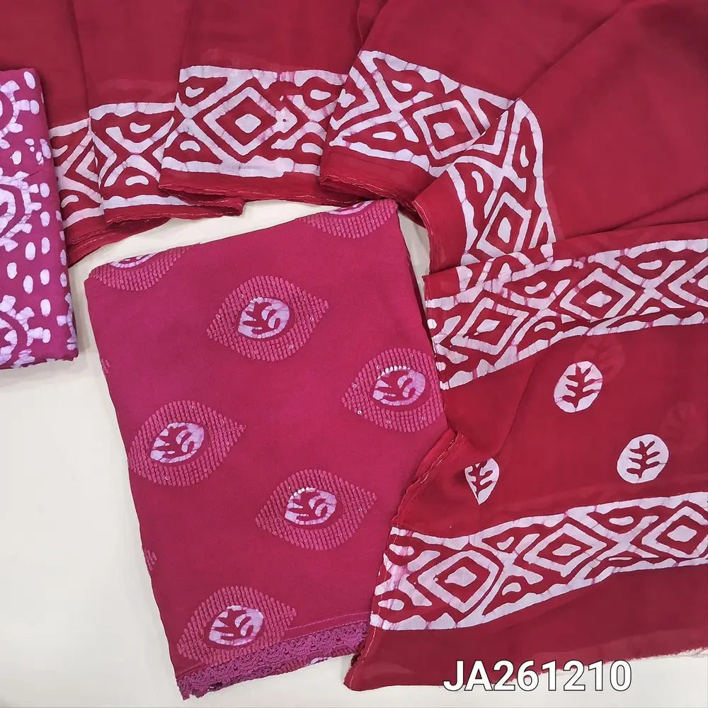 Light Pink crepe georgette unstitched salwar material (flowy, lining needed) thread, batik design on front, light pink batik dyed santoon bottom, dark pink batik dyed crepe georgette dupatta (TAPING NEEDED). JA261210