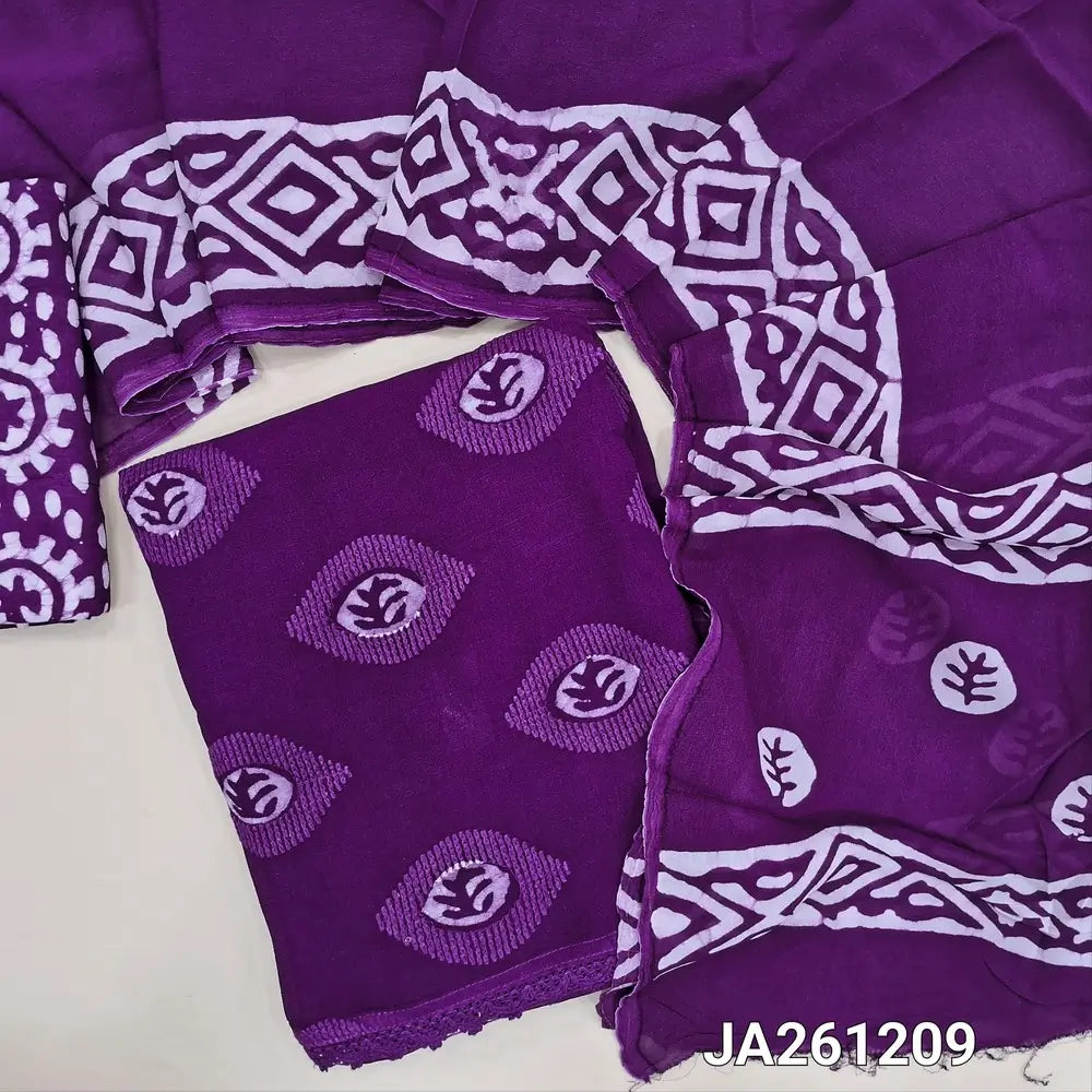Purple crepe georgette unstitched salwar material (flowy, lining needed) thread, batik design on front, light pink batik dyed santoon bottom, dark pink batik dyed crepe georgette dupatta (TAPING NEEDED). JA261209