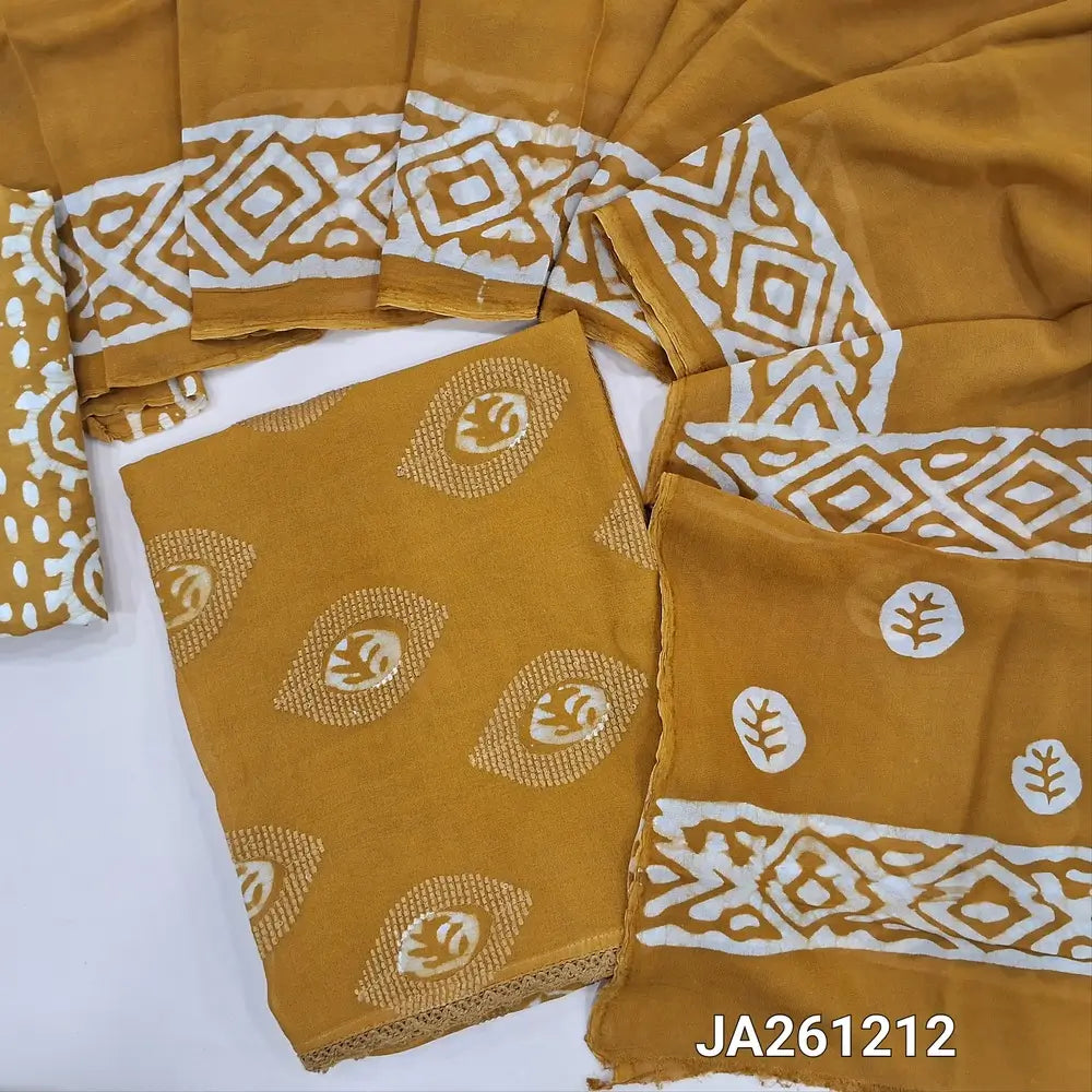 Mehandhi Yellow crepe georgette unstitched salwar material (flowy, lining needed) thread, batik design on front, matching batik dyed santoon bottom, batik dyed crepe georgette dupatta (TAPING NEEDED). JA261212