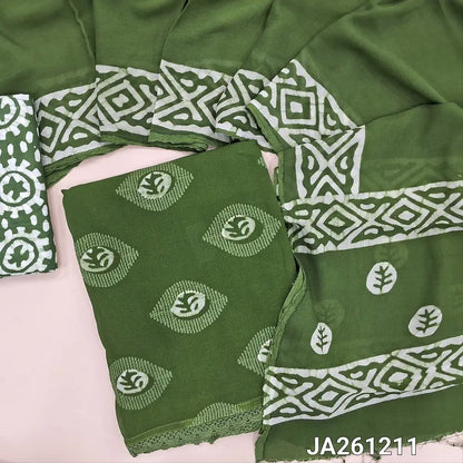 Leafy Green crepe georgette unstitched salwar material (flowy, lining needed) thread, batik design on front, matching batik dyed santoon bottom, batik dyed crepe georgette dupatta (TAPING NEEDED). JA261211