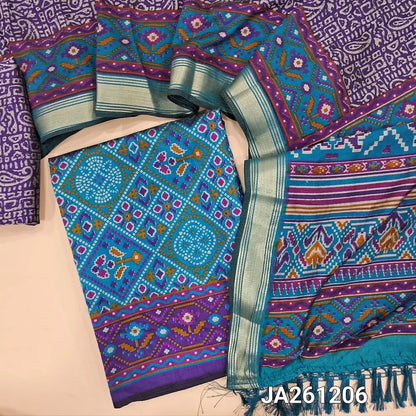 Patola printed Blue fancy Silk unstitched salwar material (flowy, lining needed) purple printed bottom, printed dual shade fancy silk dupatta with tassels. JA261206