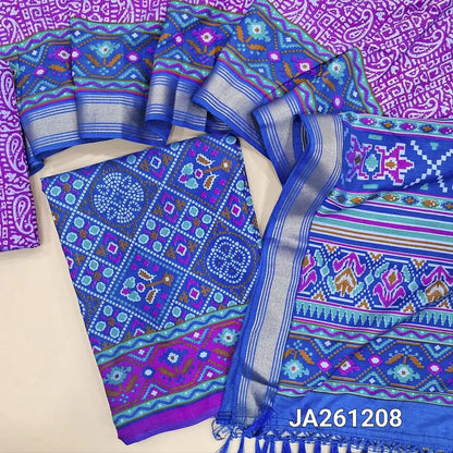 Patola printed royal Blue fancy Silk unstitched salwar material (flowy, lining needed) purple printed bottom, printed dual shade fancy silk dupatta with tassels. JA261208