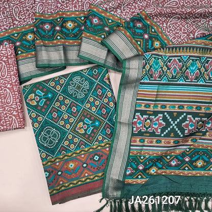 Patola printed dark Green fancy Silk unstitched salwar material (flowy, lining needed) maroon printed bottom, printed dual shade fancy silk dupatta with tassels. JA261207