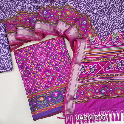 Patola printed Pink fancy Silk unstitched salwar material (flowy, lining needed) purple printed bottom, printed dual shade fancy silk dupatta with tassels. JA261205