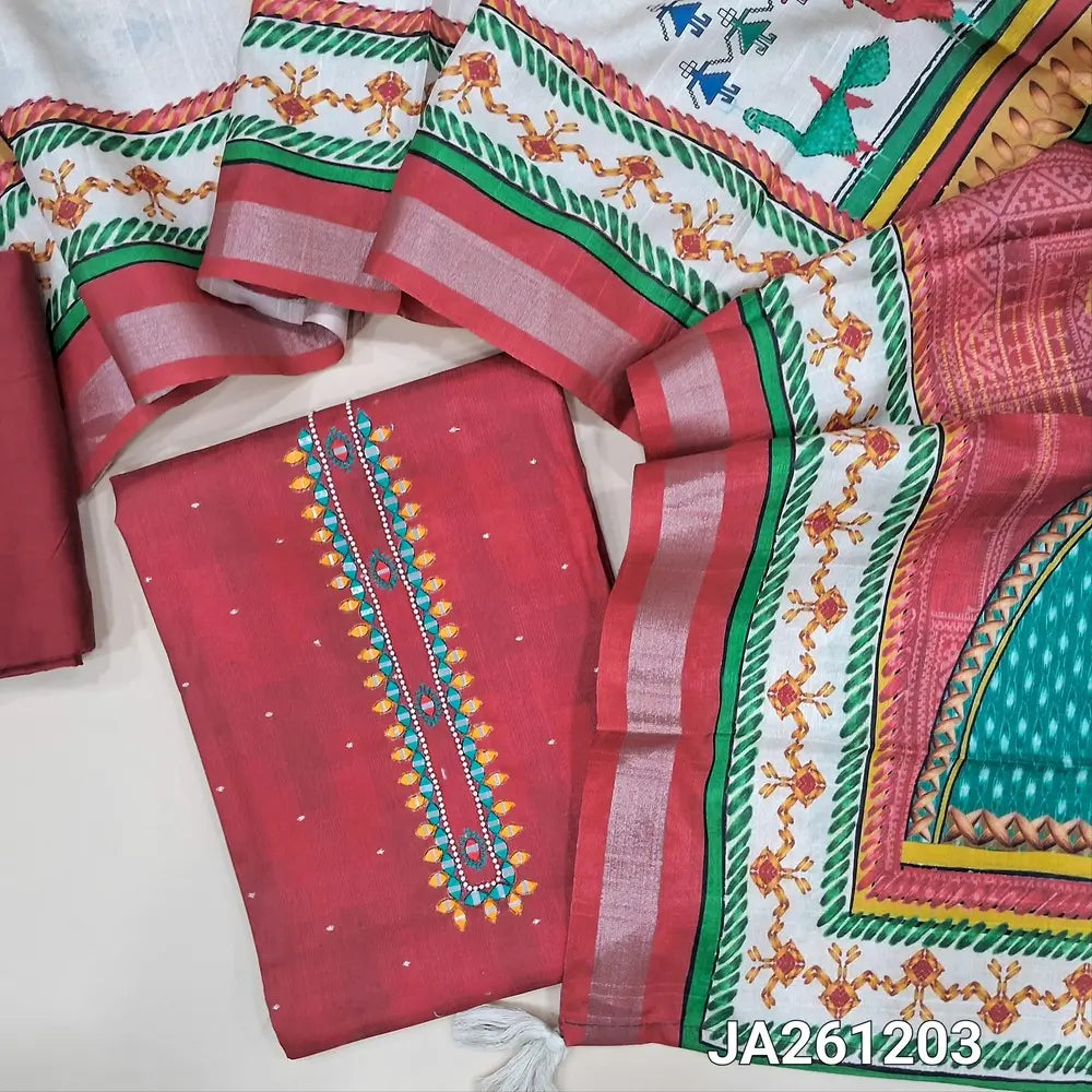 Digital Printed reddish Maroon fancy silk cotton unstitched salwar material (lining needed) real mirror, bead work on yoke, printed daman, matching silk cotton bottom, digital printed silk cotton full length dupatta. JA261203