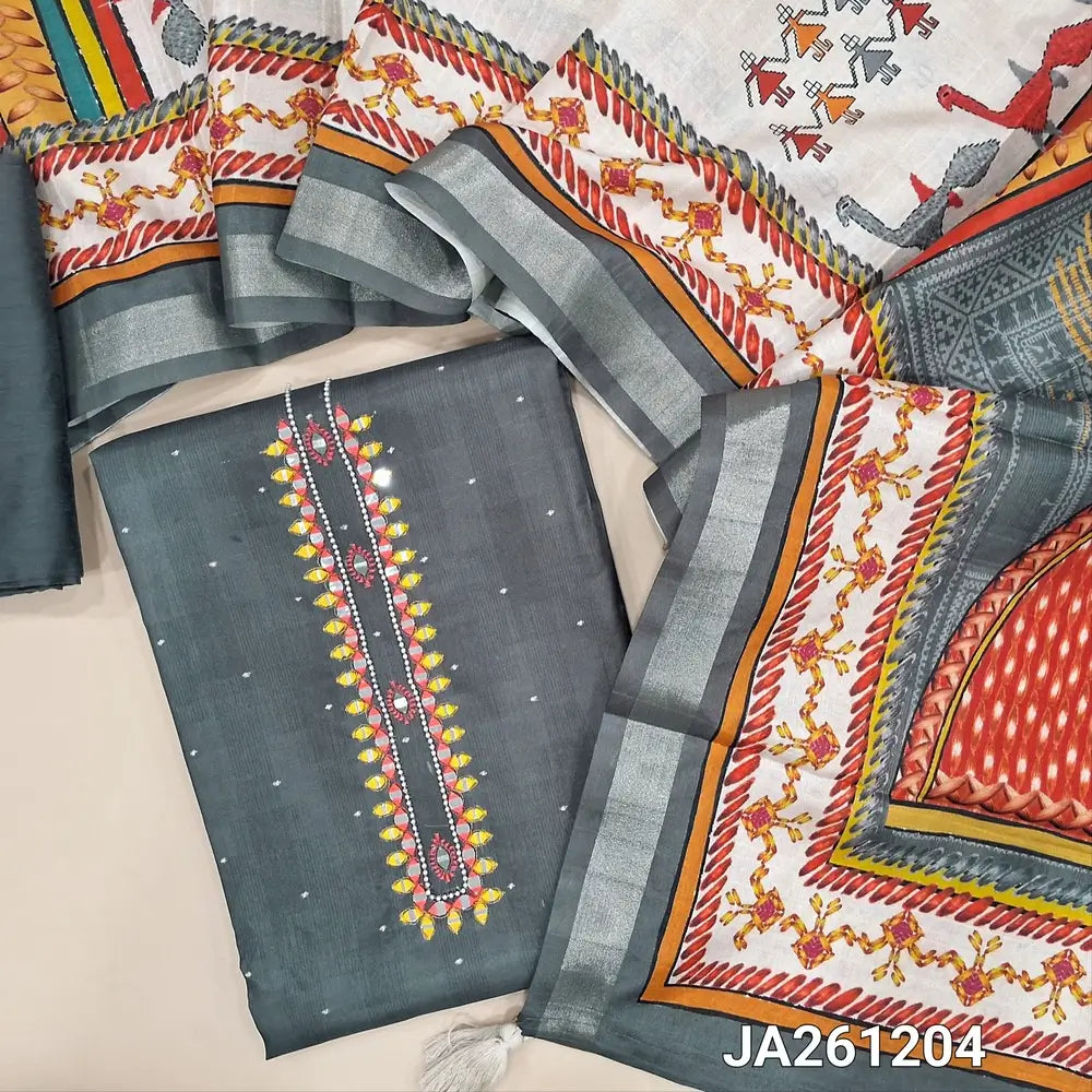 Digital Printed dark Grey fancy silk cotton unstitched salwar material (lining needed) real mirror, bead work on yoke, printed daman, matching silk cotton bottom, digital printed silk cotton full length dupatta. JA261204