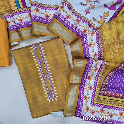 Digital Printed mehandhi Yellow fancy silk cotton unstitched salwar material (lining needed) real mirror, bead work on yoke, printed daman, matching silk cotton bottom, digital printed silk cotton full length dupatta. JA261202