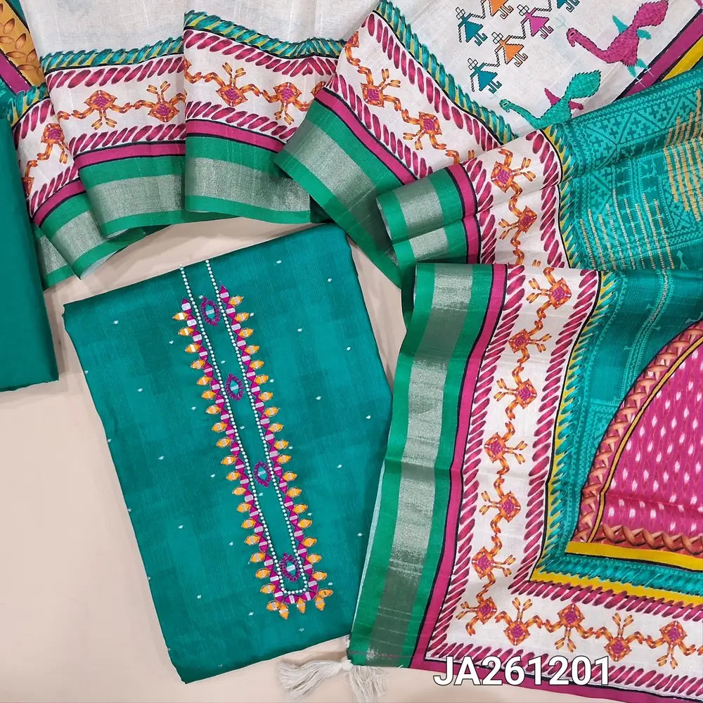 Digital Printed teal Blue fancy silk cotton unstitched salwar material(lining needed) real mirror, bead work on yoke, printed daman, matching silk cotton bottom, multicolor digital printed silk cotton full length dupatta. JA261201