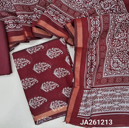 Printed Reddish Maroon soft silk cotton unstitched salwar material (lining needed) tissue borders on daman, matching spun cotton bottom,  printed full length silk cotton dupatta with borders(TAPING NEEDED). JA261213