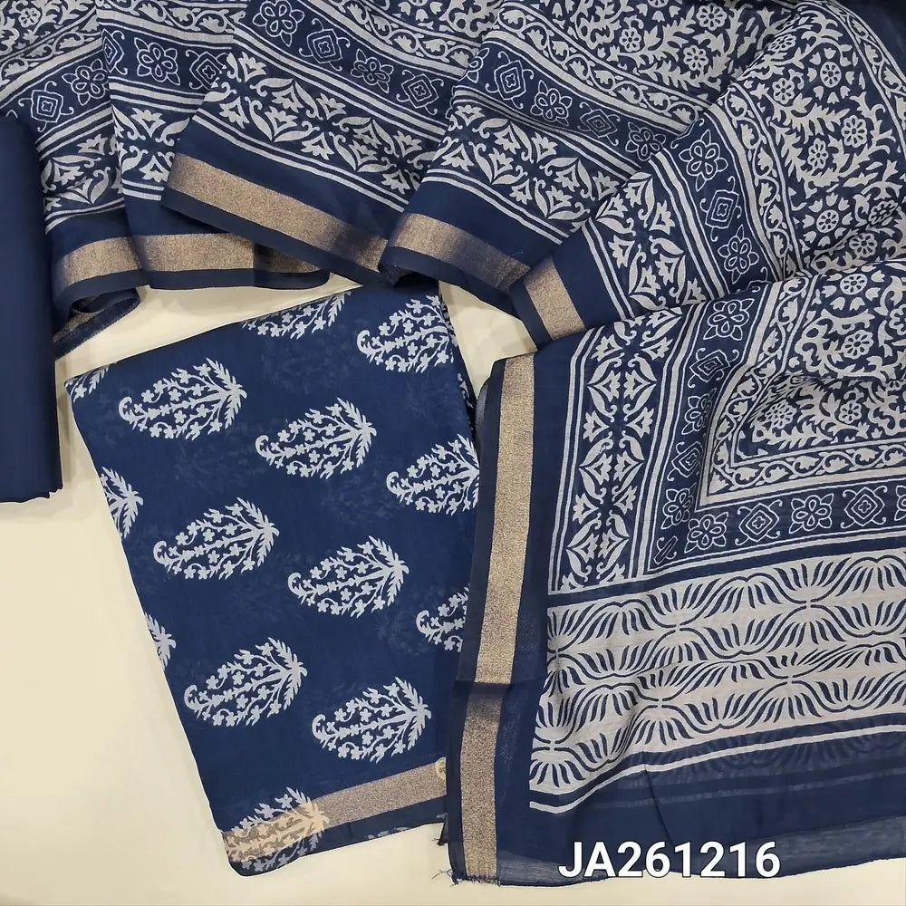 printed dark Blue soft silk cotton unstitched salwar material (lining needed) tissue borders on daman, matching spun cotton bottom,  printed full length silk cotton dupatta with borders(TAPING NEEDED). JA261216