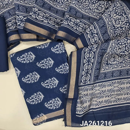printed dark Blue soft silk cotton unstitched salwar material (lining needed) tissue borders on daman, matching spun cotton bottom,  printed full length silk cotton dupatta with borders(TAPING NEEDED). JA261216