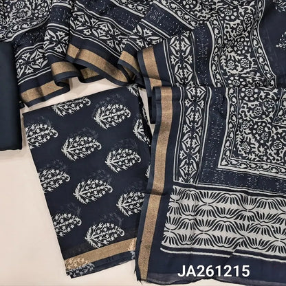 Printed Black soft silk cotton unstitched salwar material (lining needed) tissue borders on daman, matching spun cotton bottom,  printed full length silk cotton dupatta with borders(TAPING NEEDED). JA261215