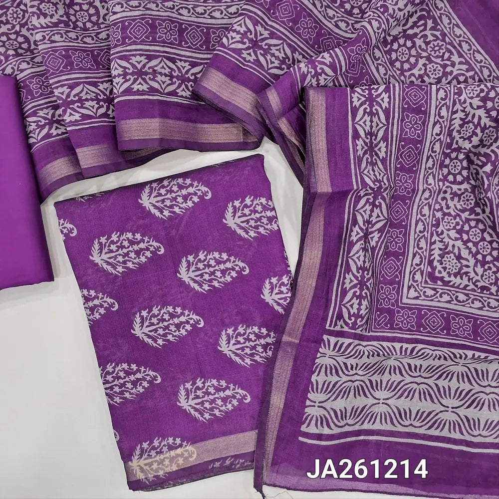 Printed Purple soft silk cotton unstitched salwar material (lining needed) tissue borders on daman, matching spun cotton bottom,  printed full length silk cotton dupatta with borders(TAPING NEEDED). JA261214