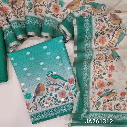 Dual shaded Blue kota silk cotton unstitched salwar material(thin, lining needed) zari buttas allover, digital bird print daman ,matching spun cotton bottom, digital printed kota silk cotton dupatta. JA261312