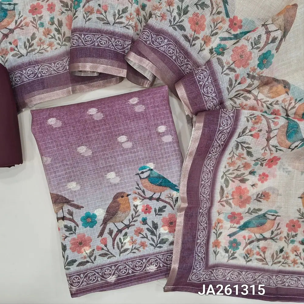 Onion Pink kota silk cotton unstitched salwar material(thin, lining needed) zari buttas allover, digital bird print daman, dark maroon spun cotton bottom, digital printed kota silk cotton dupatta. JA261315