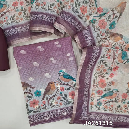 Onion Pink kota silk cotton unstitched salwar material(thin, lining needed) zari buttas allover, digital bird print daman, dark maroon spun cotton bottom, digital printed kota silk cotton dupatta. JA261315