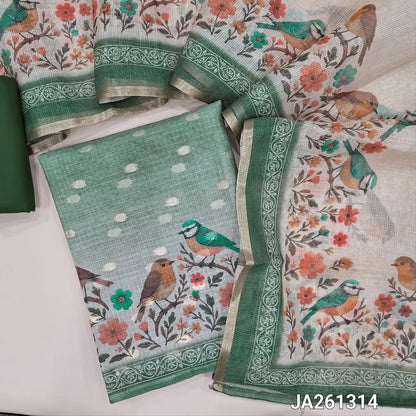 Sage Green kota silk cotton unstitched salwar material(thin, lining needed) zari buttas allover, digital bird print daman, matching spun cotton bottom, digital printed kota silk cotton dupatta. JA261314