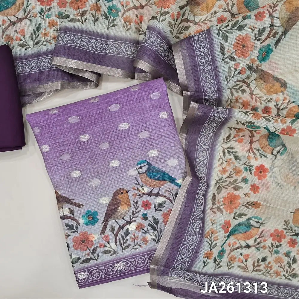 Dual shaded Purple kota silk cotton unstitched salwar material(thin, lining needed) zari buttas allover, digital bird print daman ,matching spun cotton bottom, digital printed kota silk cotton dupatta. JA261313