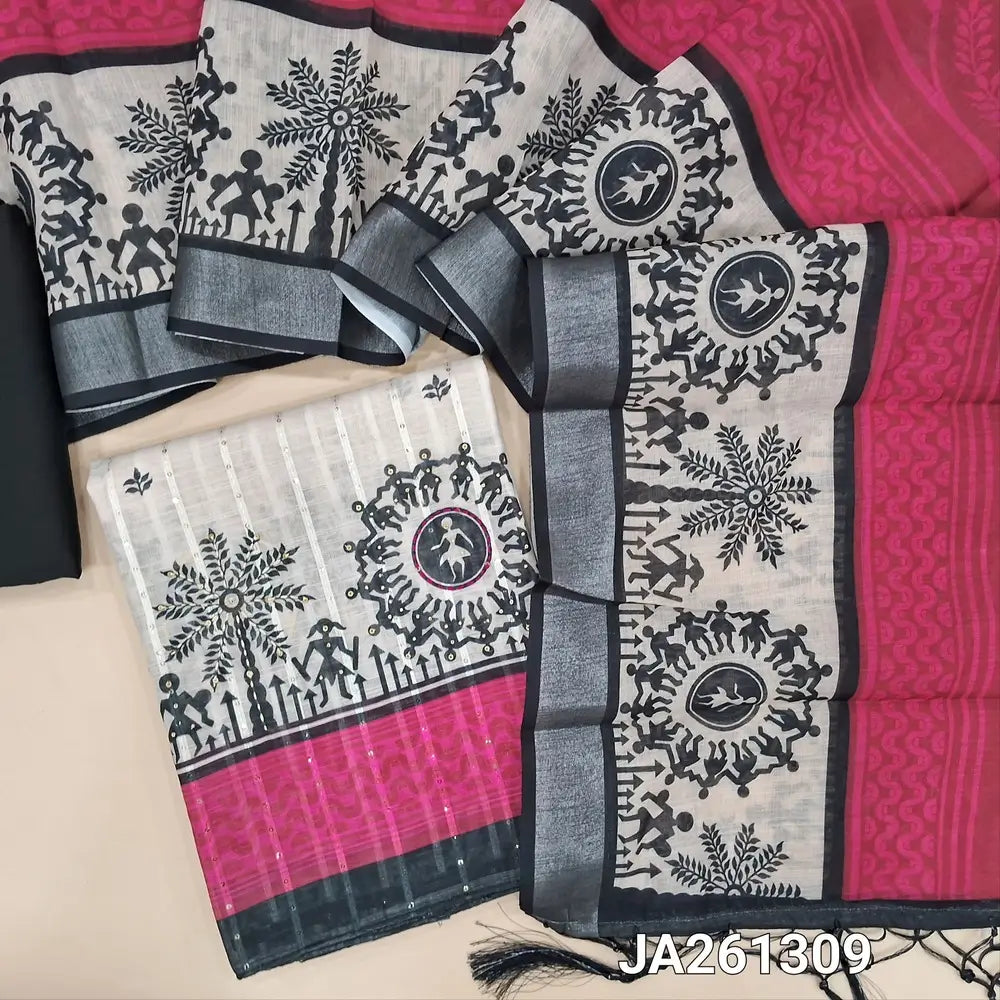 Warli Printed light Beige premium linen unstitched salwar material(lining needed) sequins, bead work on front, pink daman, black spun cotton bottom, printed dual shaded semi linen dupatta with tassels. JA261309