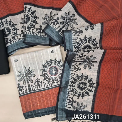 Warli Printed light Beige premium linen unstitched salwar material(lining needed) sequins, bead work on front, brick red daman, black spun cotton bottom, printed dual shaded semi linen dupatta with tassels. JA261311